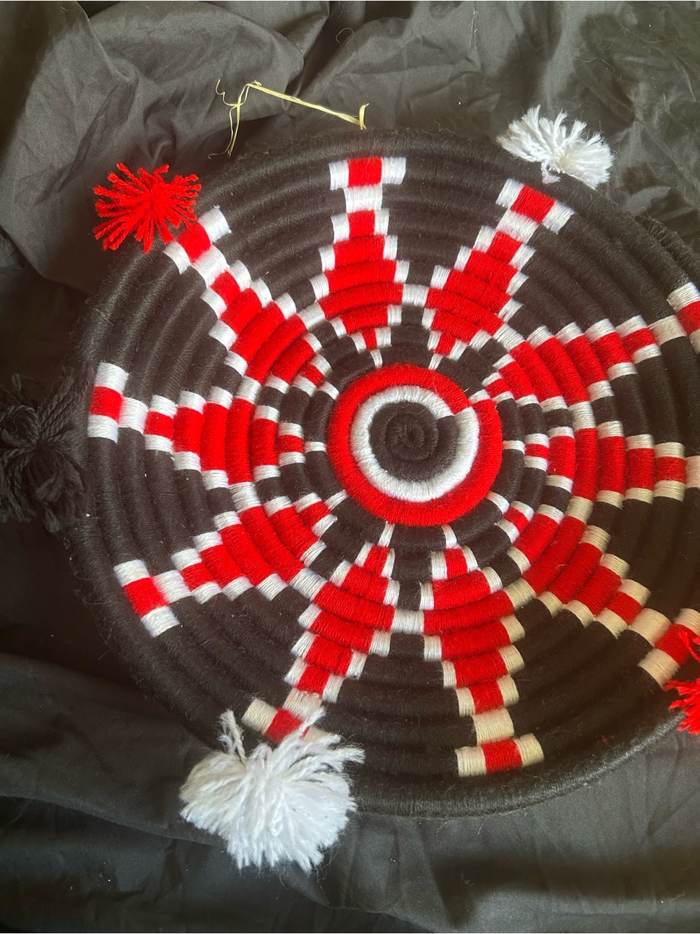Handwoven Round Wool Wall Basket in Black, Red & White